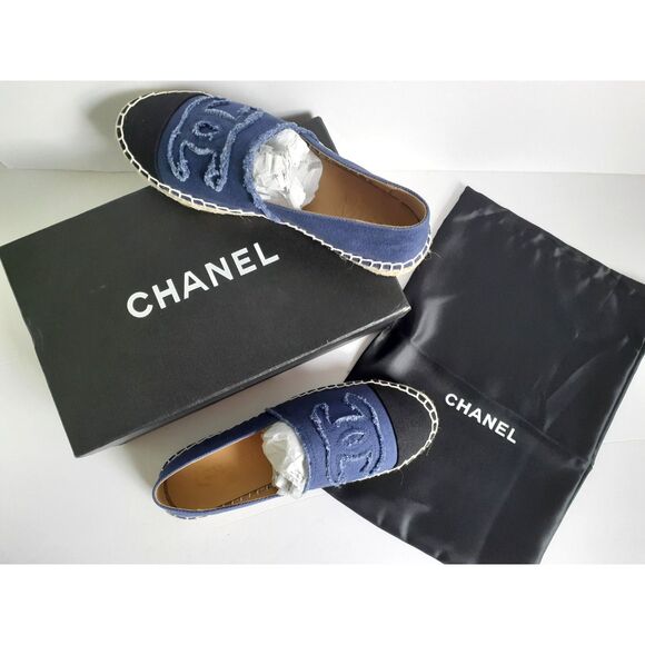 Chanel Blue Black Cap Toe Linen Canvas CC Espadrilles NIB EU38 US7.5Authentic - Picture 14 of 14